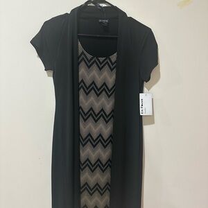 Black and Beige Chevron Dress with Cardigan